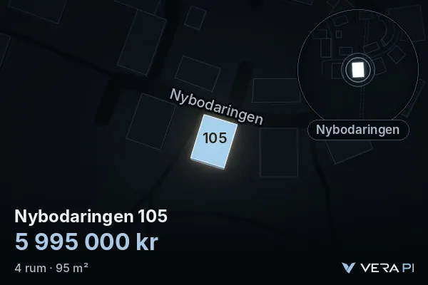 VERA PI's image of Nybodaringen 105: the building in 3D, lit in blue, and the map around it