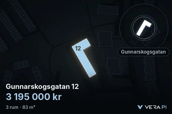 VERA PI:s bild av Gunnarskogsgatan 12: huset i 3D, upplyst i blått, och kartan runt omkring