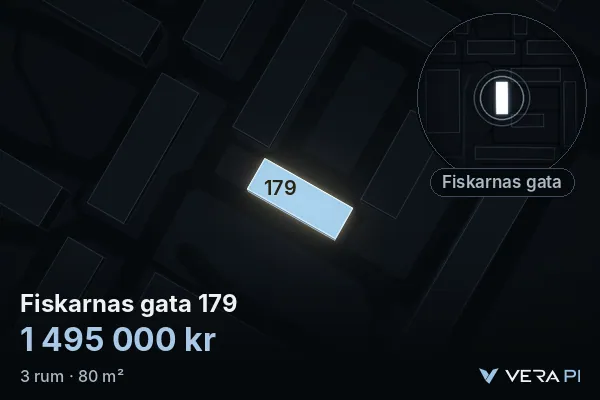VERA PI:s bild av Fiskarnas gata 179: huset i 3D, upplyst i blått, och kartan runt omkring