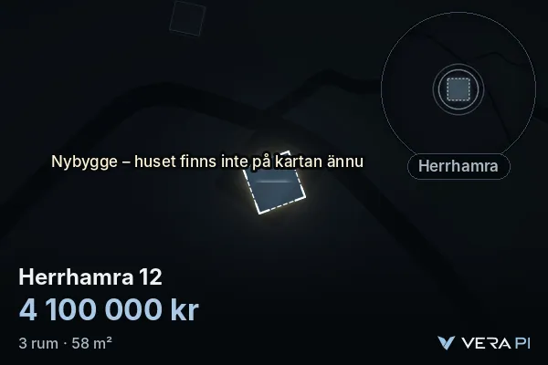VERA PI:s bild av Herrhamra 12: huset i 3D, upplyst i blått, och kartan runt omkring