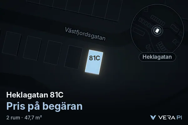 VERA PI's image of Heklagatan 81C: the building in 3D, lit in blue, and the map around it