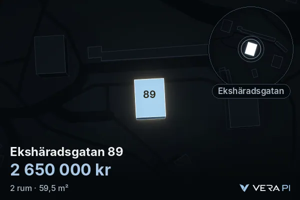 VERA PI's image of Ekshäradsgatan 89: the building in 3D, lit in blue, and the map around it