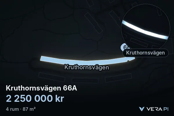 VERA PI's image of Kruthornsvägen 66A: the building in 3D, lit in blue, and the map around it