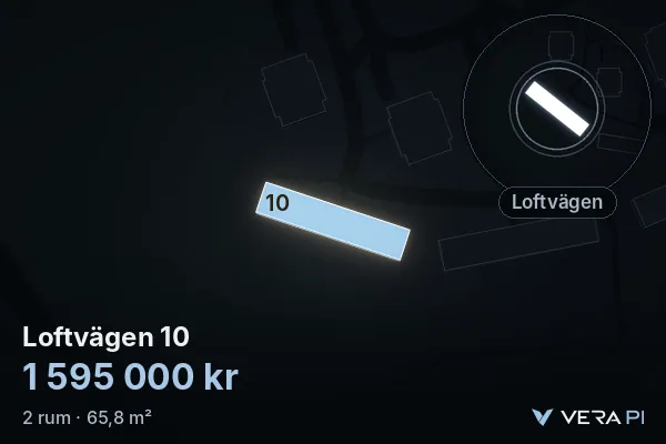 VERA PI:s bild av Loftvägen 10: huset i 3D, upplyst i blått, och kartan runt omkring