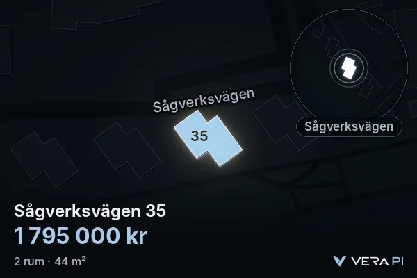 VERA PI's image of Sågverksvägen 35: the building in 3D, lit in blue, and the map around it