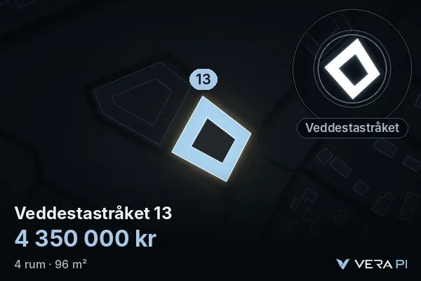 VERA PI's image of Veddestastråket 13: the building in 3D, lit in blue, and the map around it