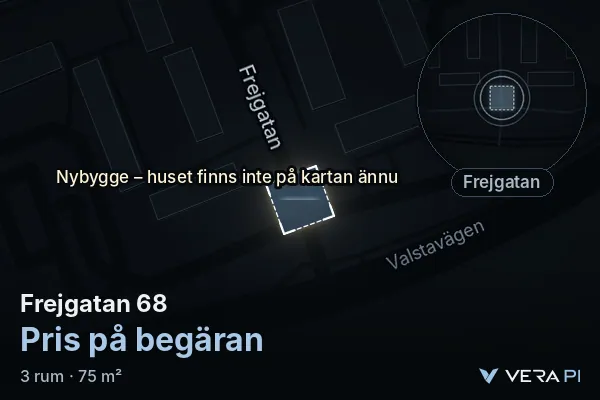 VERA PI's image of Frejgatan 68: the building in 3D, lit in blue, and the map around it