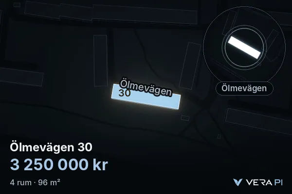 VERA PI:s bild av Ölmevägen 30: huset i 3D, upplyst i blått, och kartan runt omkring