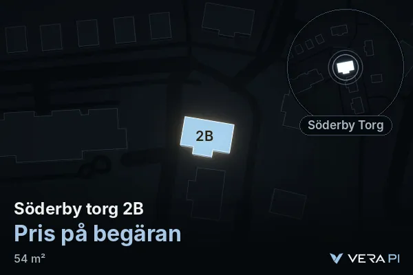 VERA PI's image of Söderby torg 2B: the building in 3D, lit in blue, and the map around it