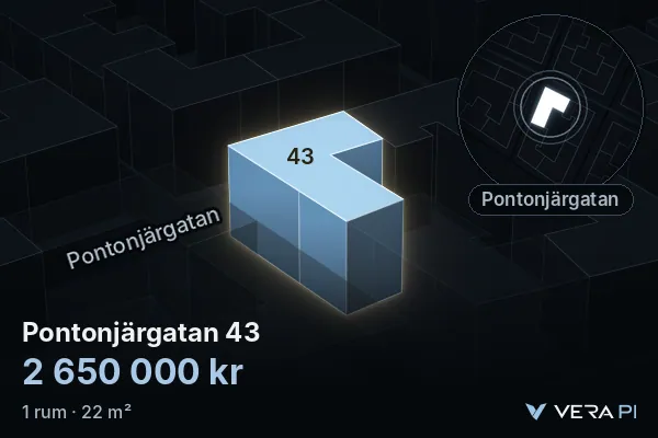 VERA PI:s bild av Pontonjärgatan 43: huset i 3D, upplyst i blått, och kartan runt omkring