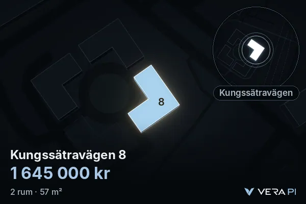 VERA PI's image of Kungssätravägen 8: the building in 3D, lit in blue, and the map around it