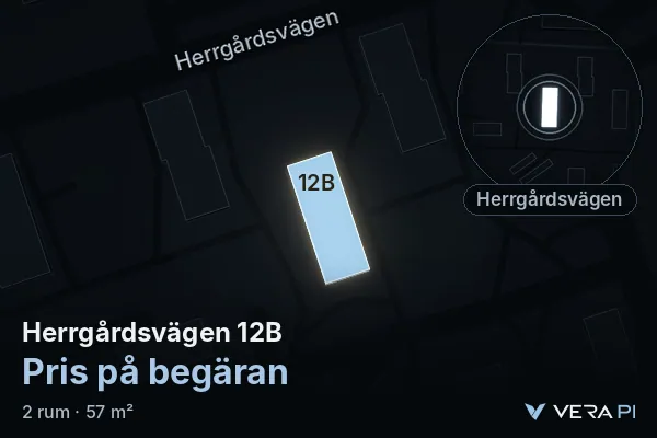 VERA PI:s bild av Herrgårdsvägen 12B: huset i 3D, upplyst i blått, och kartan runt omkring