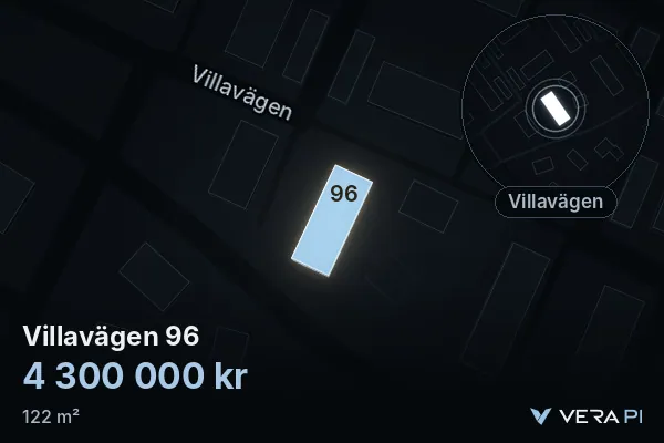 VERA PI:s bild av Villavägen 96: huset i 3D, upplyst i blått, och kartan runt omkring