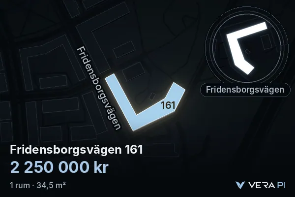 VERA PI's image of Fridensborgsvägen 161: the building in 3D, lit in blue, and the map around it