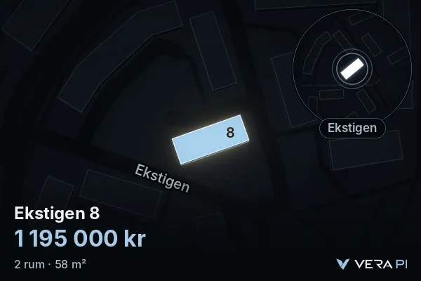 VERA PI:s bild av Ekstigen 8: huset i 3D, upplyst i blått, och kartan runt omkring