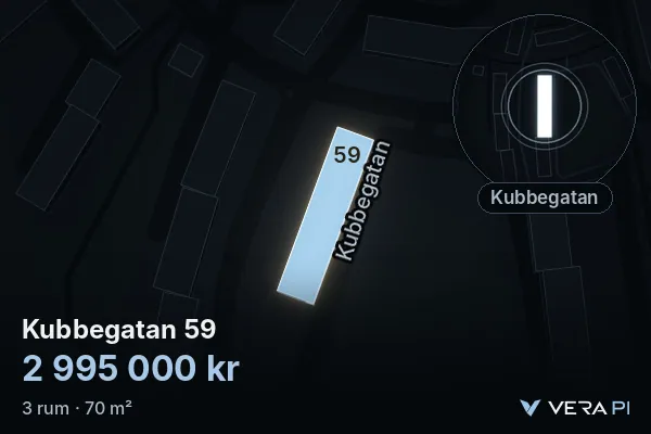 VERA PI:s bild av Kubbegatan 59: huset i 3D, upplyst i blått, och kartan runt omkring