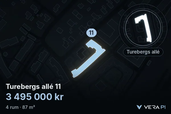 VERA PI's image of Turebergs allé 11: the building in 3D, lit in blue, and the map around it