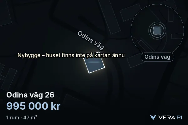 VERA PI:s bild av Odins väg 26: huset i 3D, upplyst i blått, och kartan runt omkring