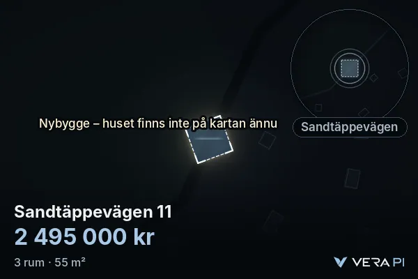 VERA PI:s bild av Sandtäppevägen 11: huset i 3D, upplyst i blått, och kartan runt omkring