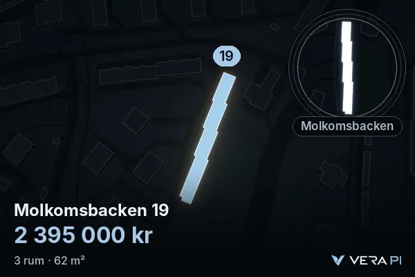 VERA PI:s bild av Molkomsbacken 19: huset i 3D, upplyst i blått, och kartan runt omkring
