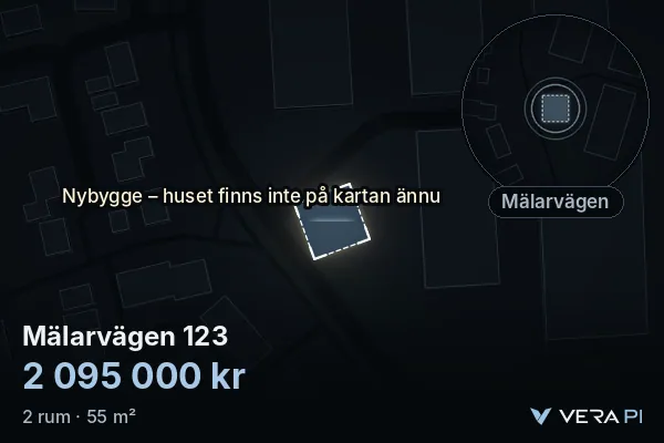 VERA PI:s bild av Mälarvägen 123: huset i 3D, upplyst i blått, och kartan runt omkring
