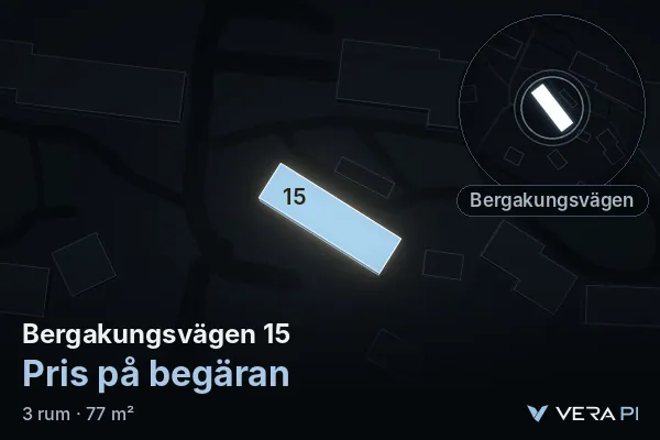 VERA PI:s bild av Bergakungsvägen 15: huset i 3D, upplyst i blått, och kartan runt omkring