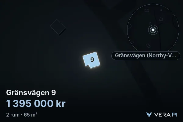 VERA PI's image of Gränsvägen 9: the building in 3D, lit in blue, and the map around it