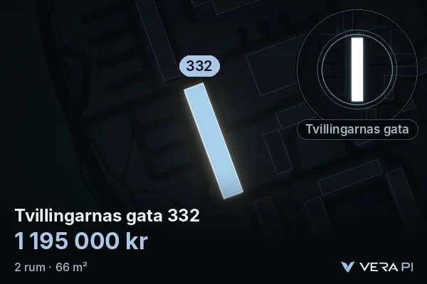VERA PI:s bild av Tvillingarnas gata 332: huset i 3D, upplyst i blått, och kartan runt omkring