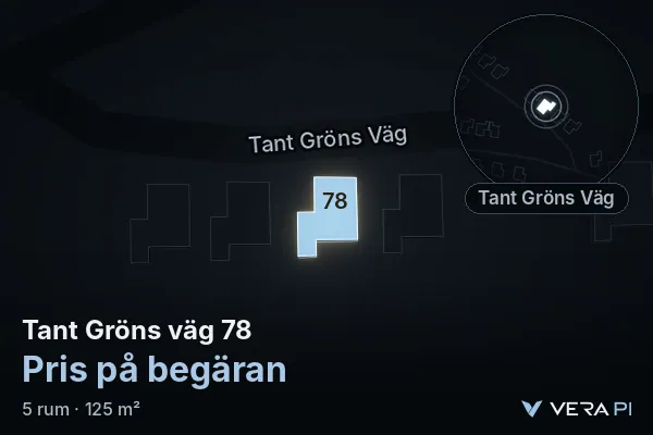 VERA PI's image of Tant Gröns väg 78: the building in 3D, lit in blue, and the map around it