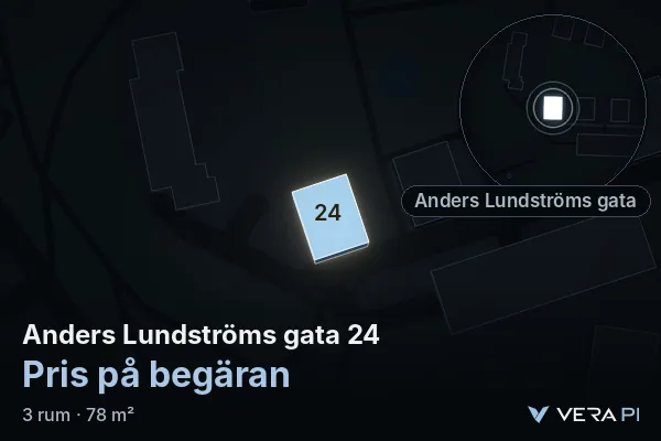 VERA PI:s bild av Anders Lundströms gata 24: huset i 3D, upplyst i blått, och kartan runt omkring