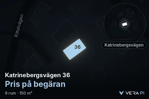 VERA PI:s bild av Katrinebergsvägen 36: huset i 3D, upplyst i blått, och kartan runt omkring