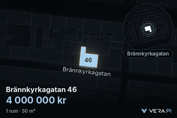 VERA PI:s bild av Brännkyrkagatan 46: huset i 3D, upplyst i blått, och kartan runt omkring