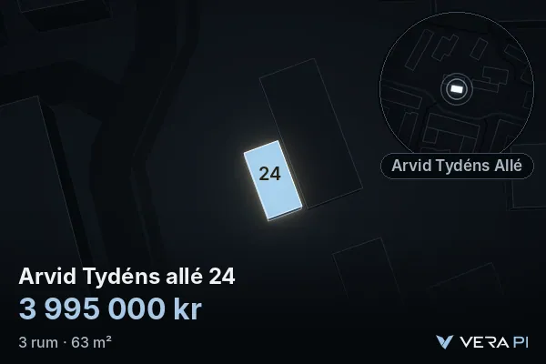 VERA PI's image of Arvid Tydéns allé 24: the building in 3D, lit in blue, and the map around it