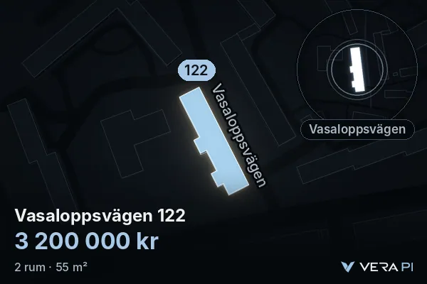 VERA PI:s bild av Vasaloppsvägen 122: huset i 3D, upplyst i blått, och kartan runt omkring