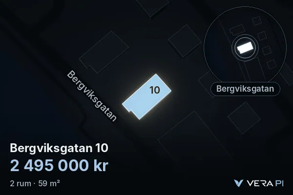VERA PI:s bild av Bergviksgatan 10: huset i 3D, upplyst i blått, och kartan runt omkring