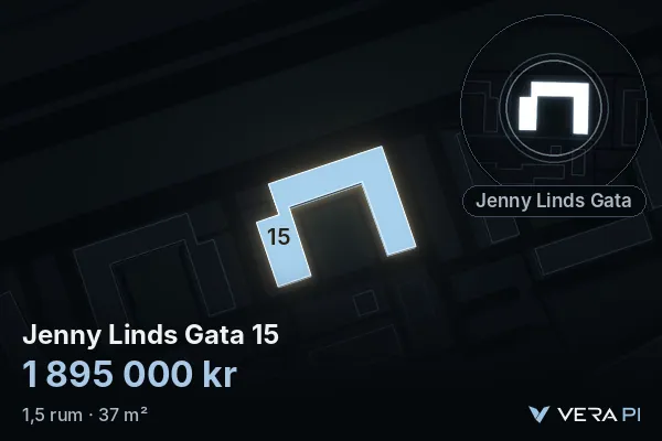 VERA PI:s bild av Jenny Linds Gata 15: huset i 3D, upplyst i blått, och kartan runt omkring