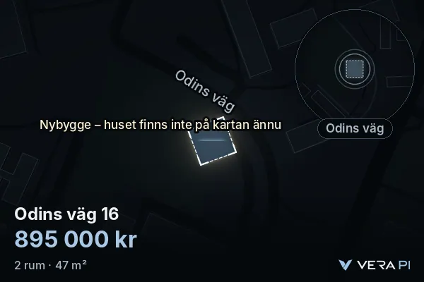 VERA PI:s bild av Odins väg 16: huset i 3D, upplyst i blått, och kartan runt omkring