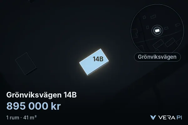 VERA PI:s bild av Grönviksvägen 14B: huset i 3D, upplyst i blått, och kartan runt omkring