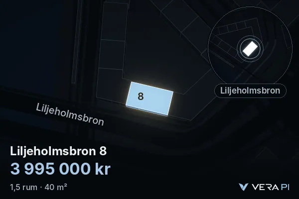 VERA PI:s bild av Liljeholmsbron 8: huset i 3D, upplyst i blått, och kartan runt omkring
