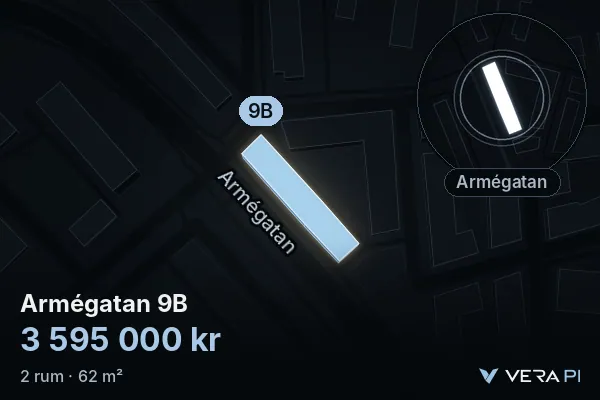 VERA PI's image of Armégatan 9B: the building in 3D, lit in blue, and the map around it