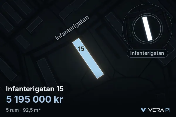 VERA PI's image of Infanterigatan 15: the building in 3D, lit in blue, and the map around it