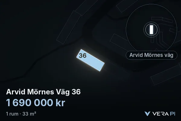 VERA PI:s bild av Arvid Mörnes Väg 36: huset i 3D, upplyst i blått, och kartan runt omkring