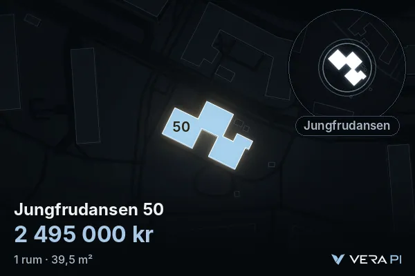 VERA PI's image of Jungfrudansen 50: the building in 3D, lit in blue, and the map around it