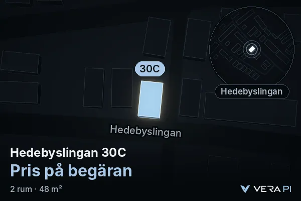 VERA PI's image of Hedebyslingan 30C: the building in 3D, lit in blue, and the map around it