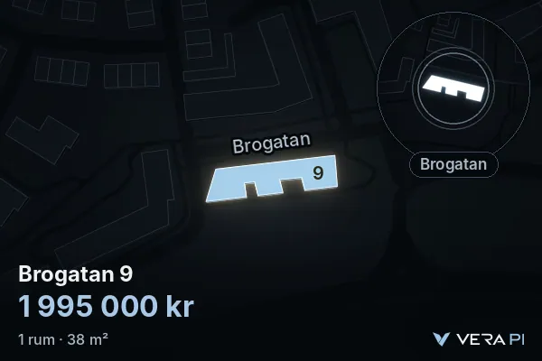 VERA PI:s bild av Brogatan 9: huset i 3D, upplyst i blått, och kartan runt omkring