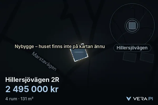 VERA PI:s bild av Hillersjövägen 2R: huset i 3D, upplyst i blått, och kartan runt omkring