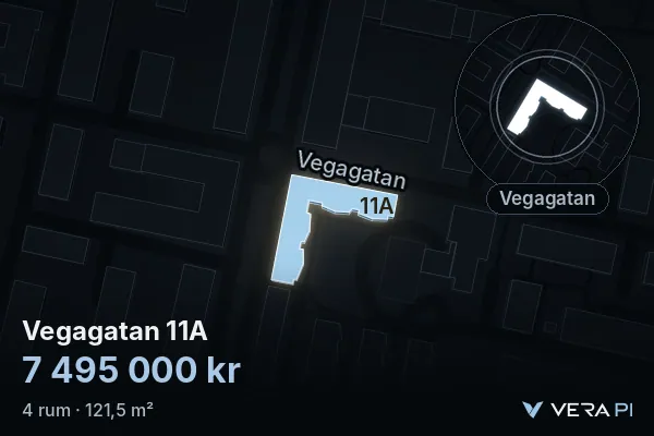 VERA PI:s bild av Vegagatan 11A: huset i 3D, upplyst i blått, och kartan runt omkring