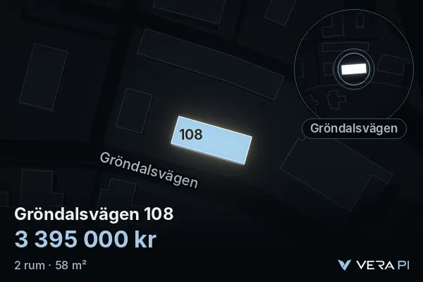 VERA PI:s bild av Gröndalsvägen 108: huset i 3D, upplyst i blått, och kartan runt omkring