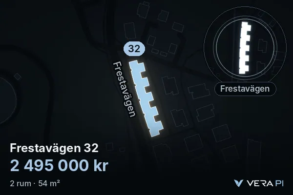 VERA PI's image of Frestavägen 32: the building in 3D, lit in blue, and the map around it