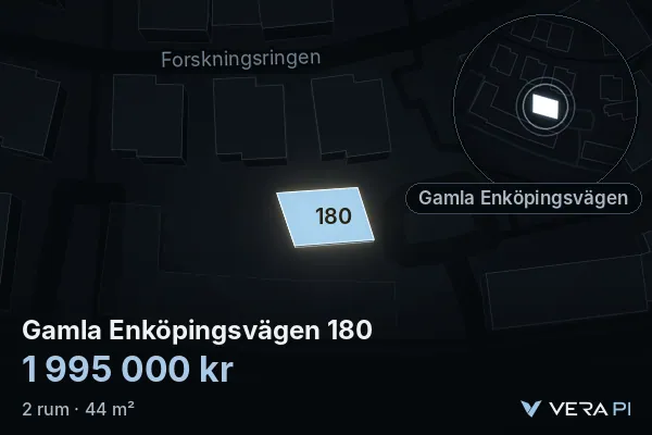VERA PI:s bild av Gamla Enköpingsvägen 180: huset i 3D, upplyst i blått, och kartan runt omkring